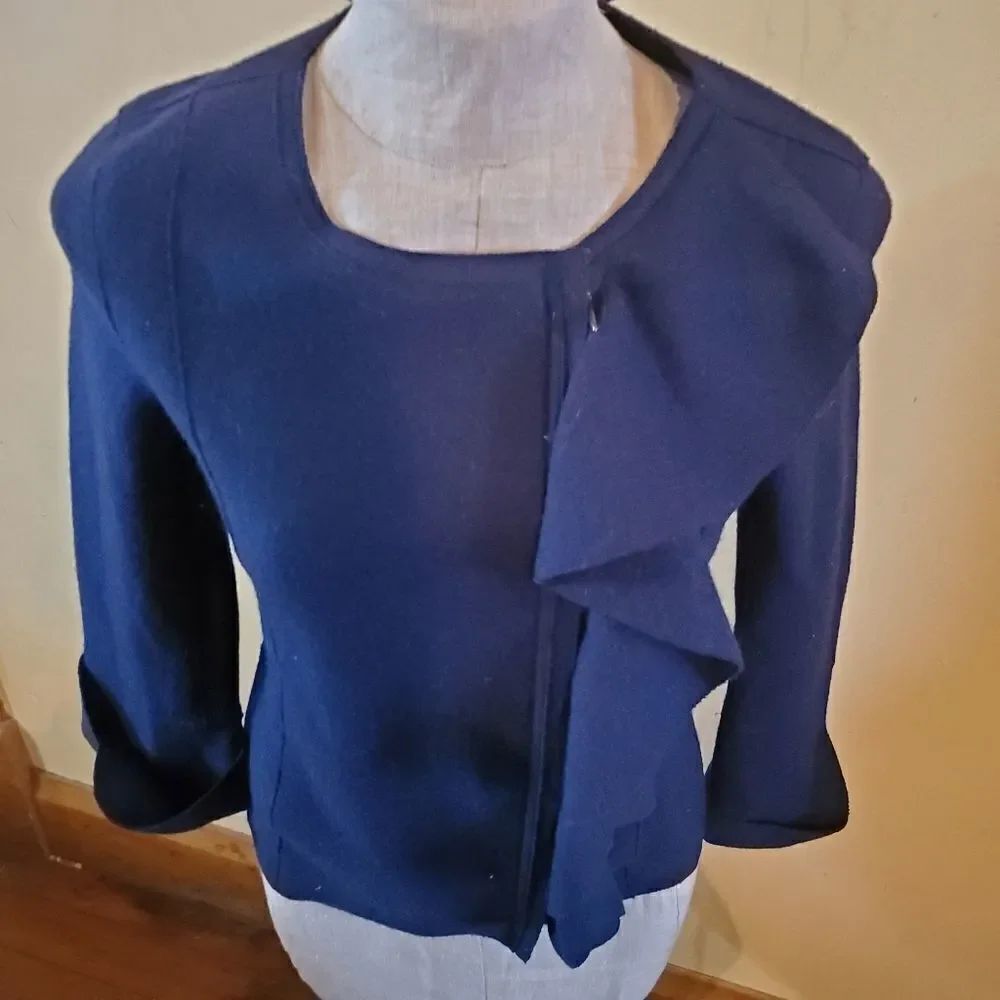 Beyond Threads blue ruffle front alpaca wool jacke
